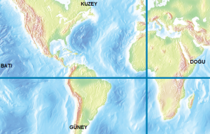 Dünya haritası üzerinde Başlangıç Meridyeni ve Ekvator