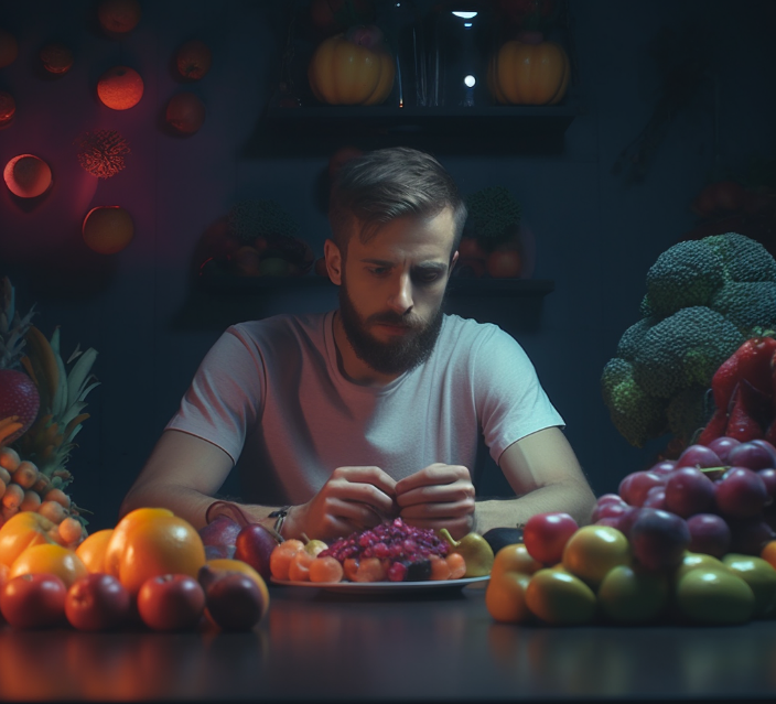 A person sitting at a table with fruits Description automatically generated with medium confidence